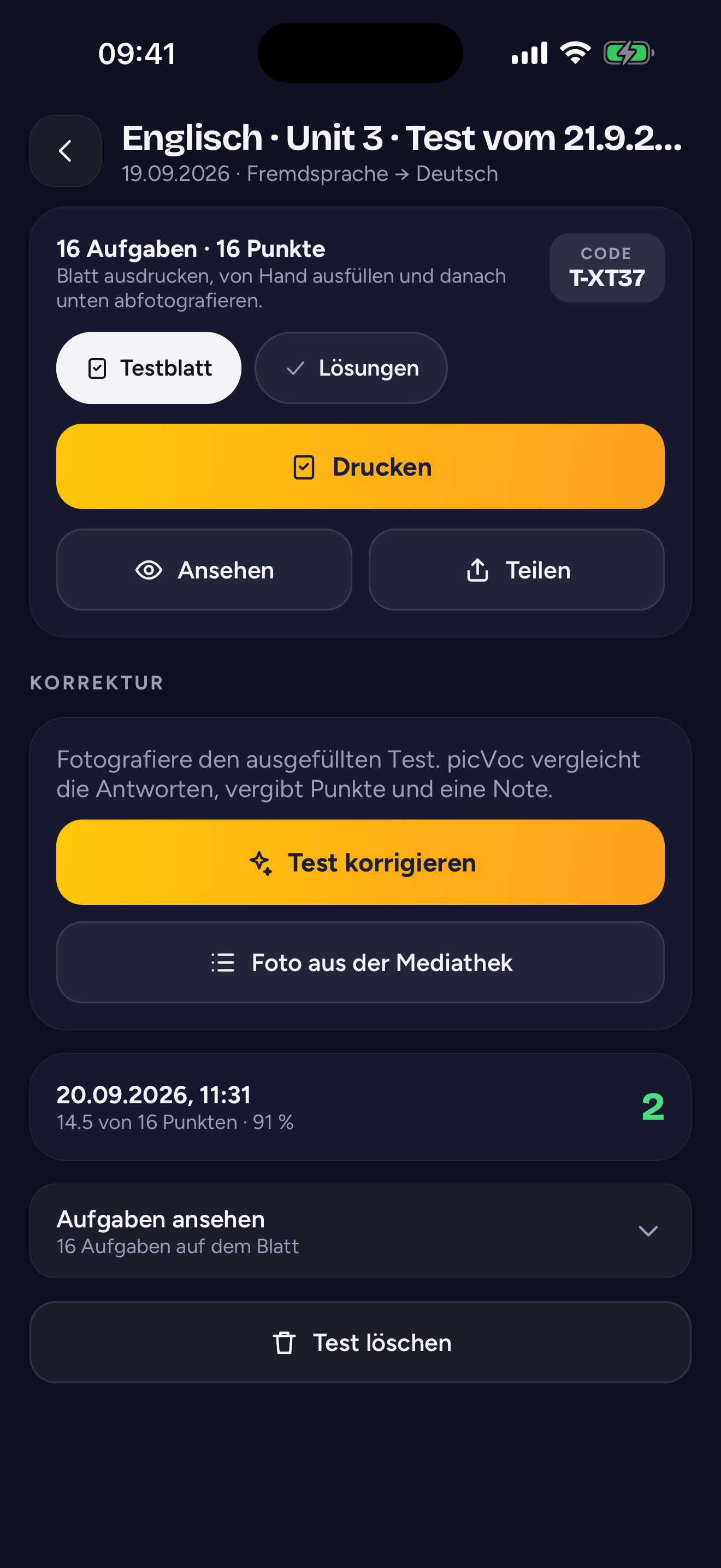 picLearn im Dunkelmodus: Test erstellen und drucken