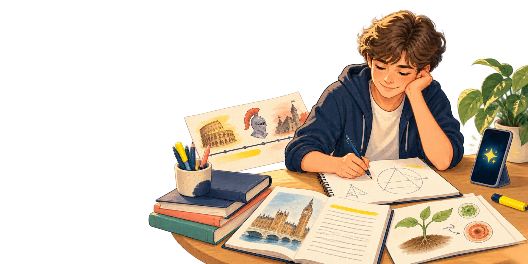 Ein Schüler lernt mit Aufgaben aus Mathematik, Geschichte, Englisch und Naturwissenschaften.